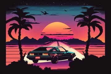 Summer vibes 80s style illustration of a sunset, retro style, generative AI