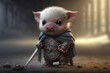 Little cute baby pig or pigglet in warrior hero outfit. Pig in warrior costume. Ai generated