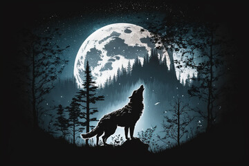 Wall Mural - Wolf howling at full moon in the forest vector illustration. Wild animal in the forest. Ai generated