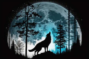 Wall Mural - Wolf howling at full moon in the forest vector illustration. Wild animal in the forest. Ai generated