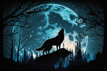 Wall Mural - Wolf howling at full moon in the forest vector illustration. Wild animal in the forest. Ai generated