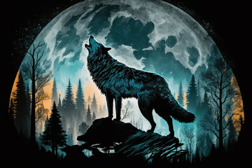Wall Mural - Wolf howling at full moon in the forest vector illustration. Wild animal in the forest. Ai generated