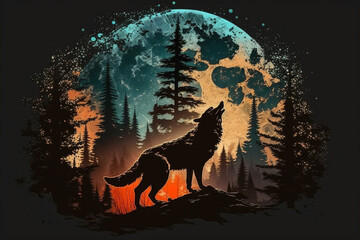 Wall Mural - Wolf howling at full moon in the forest vector illustration. Wild animal in the forest. Ai generated