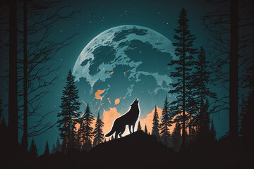 Wall Mural - Wolf howling at full moon in the forest vector illustration. Wild animal in the forest. Ai generated