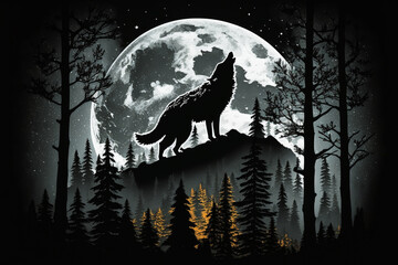 Wall Mural - Wolf howling at full moon in the forest vector illustration. Wild animal in the forest. Ai generated