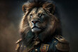 Lion dressed in military uniform as a general or soldier. Powerful commander army figure. Ai generated