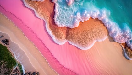  an aerial view of a beach with waves crashing on the shore and a pink and blue ocean in the background, taken from a bird's eye view.  generative ai