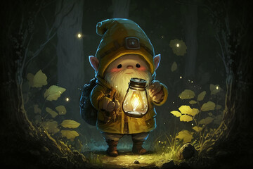 Wall Mural - Character cute forest dwarf gnome or elf character walking at night through the forest with a lantern. Ai generated