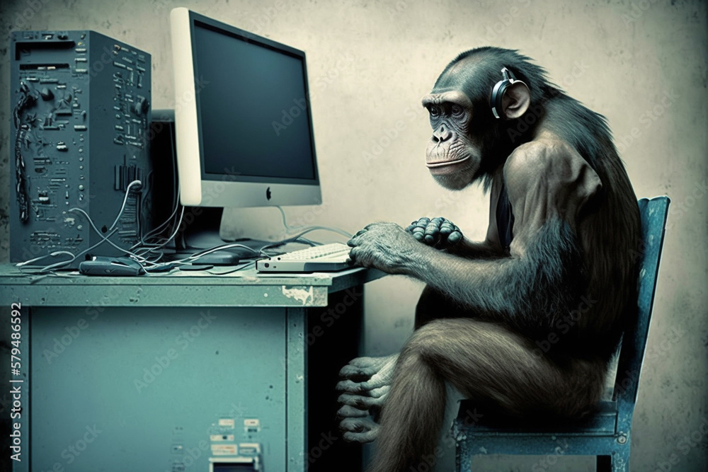 Illustration Stock Monkey at a computer or laptop working in an office ...