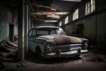 Old Abandoned And Damaged Retro Vintage Rusty Classic Car In A Deposit. Ai Generated