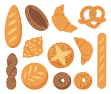 Bread Icons Set. Vector Bakery Pastry Products - Rye, Wheat And Whole Grain Bread, French Baguette, Croissant, Bagel, Roll, Donut, Bun, Loaf Wicker Bun Flat Illustration Isolated On White Background