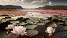 Lake Filled With Lily Pads And Lotus Flowers Generative AI