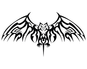 Wall Mural - black tattoo silhouette vector design of a bat monster with carvings and symbols all over its body and its wings spread and its tail pointed downwards