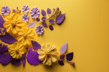Top View Of A Beautiful Purple And Yellow Flowers On Yellow Background With Copy Space For Text. Generative AI. 