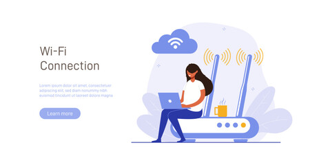 Poster - Concept of mobile network, wireless Internet connection technology. Wifi illustration. People use device to connect Internet network Modern colorful flat vector illustration for poster, banner.