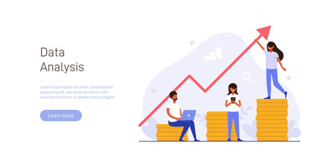 Poster - Analyst looks graph of earnings growth. Marketing data analysis. Business profit report. Successful investment of capital or money. Modern flat colorful vector illustration for banner, poster.