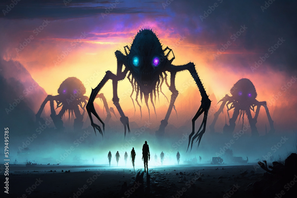 A post-apocalyptic world ruled by aliens. Futuristic fantasy. Horrible alien monsters invaded our planet. In the park, at colorful sunrise with fog. Alien invasion. Generative AI illustration