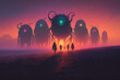 A post-apocalyptic world ruled by aliens. Futuristic fantasy. Horrible alien monsters invaded our planet. In the park, at colorful sunrise with fog. Alien invasion. Generative AI illustration