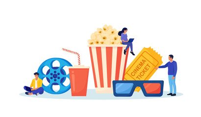 Online cinema art movie watching with popcorn bucket, 3d glasses, soda drinks and filmstrip, film reel. Cinematography concept. Film production. Movie premiere show announcement