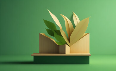 3D wooden podium display with leaf shadow. Copy space green background. Cosmetics or beauty product promotion mockup. Natural wo Generative Ai