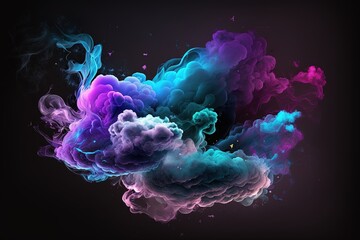 Wall Mural - Neon blue and purple multicolored smoke puff cloud design elements on a dark background. Generative AI.