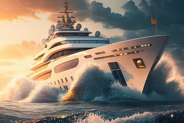 Wall Mural - White superyacht at sea. Generative AI.