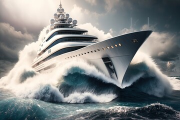 Wall Mural - White superyacht at sea. Generative AI.