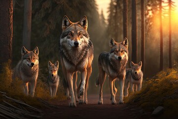 Wolf family walk through the forest. Generative AI.