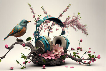 Abstract illustration of spring, bird sitting on blossoming branch by headphones, generative AI