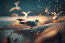 Glittering Beach With Floating Seagulls And Insane Details: A Hyper-Detailed Bokeh Art Design In Unreal Engine 5 With Ultra-Wide Angle And Cine Grading , Generative Ai