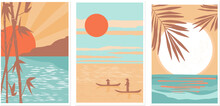 A Set Of Abstract Contemporary Posters Depicting The Ocean, Boats Against The Background Of The Sun, Sunset, Dawn, Bamboo Branches. Vector Graphics.