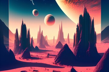 Alien worlds, vertical orientation, Martian cities, intergalactic landscapes, outer space fantasy, other planets, science fiction landscapes, surreal sci-fi cities 8k - generative ai