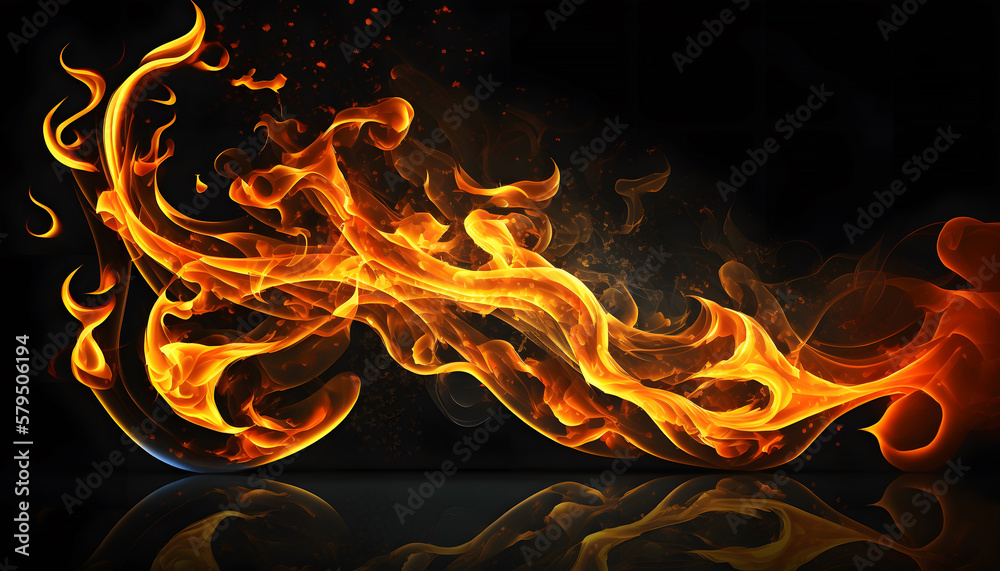 Texture of burn fire with particles embers. Flames on isolated black background. Texture for banner,flyer,card Generative AI