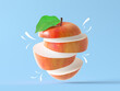 Red sliced apple isolated on blue background. Floating tasty apple with green leaf and juicy cartoon comic white drops. Fresh creative fruit for promotion and web. 3d render illustration.