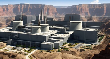 Wall Mural - A huge modern nuclear power plant building during construction. Construction of a new energy facility. Illustration, concept art. Ai generative
