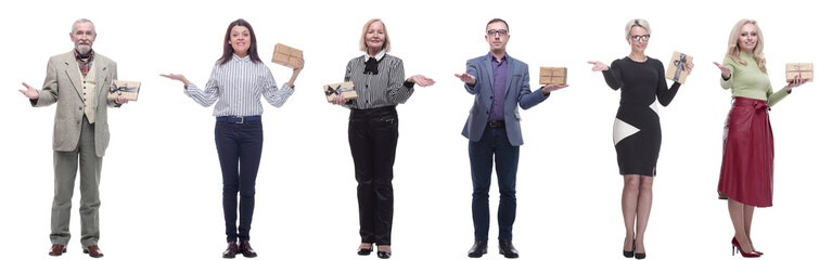 Sticker - group of happy people with gifts in their hands isolated