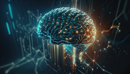 Digital brain connected to data center. Artificial intelligence concept. Based on Generative AI