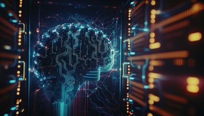 Digital brain connected to data center. Artificial intelligence concept. Based on Generative AI