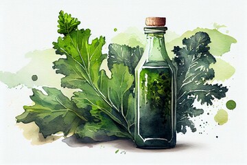 A bottle of green juice with kale leaves in the background, watercolor style generative AI