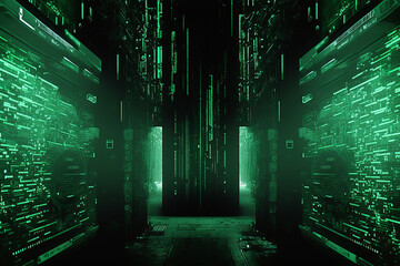 Matrix digital background with the light green numbers and symbols. Generative AI