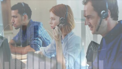 Poster - Animation of statistical data processing over diverse colleagues talking on phone headsets at office