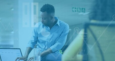 Poster - Animation of data processing over diverse man and woman discussing over a laptop at office