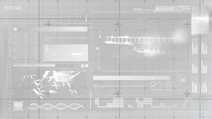 Poster - Animation of dna helixes, graphs, loading bars, numbers, computer language on abstract background