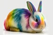 bunter Osterhase mit Regenbogenfarben im Fell auf weißen Hintergrund, LGBT Ostern, Generative KI