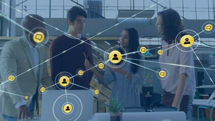 Poster - Animation of network of connections over diverse business people in office