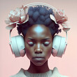 Young beautiful black woman with headphones.