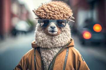 Portrait of afro hair alpaca with eyeglass wearing modern street or outdoor fashion clothes. Animal wears Hip hop street or casual outdoor fashion concept. Made with Generative AI