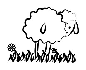 Wall Mural - sheep on the grass icon in sketch style