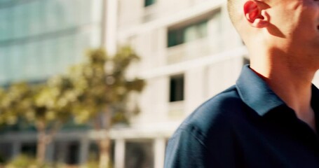 Poster - City, phone gps and smile, man walking and typing message, email or post on internet with outside. Technology, 5g communication and networking, businessman online reading happy text or social media.