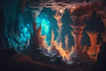 Cinematic Cave Exploration With Ultra-Wide Angle And Bokeh Using Unreal Engine 5, Showcasing Hyper-detailed Stalactites & Stalagmites In Beautifully Color-coded Landscapes , Generative Ai